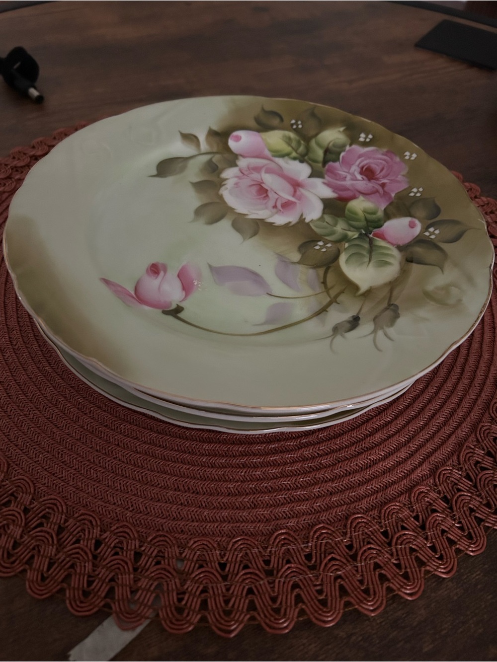 4 lefton Hand-Painted Pink Rose Porcelain Dinner Plate